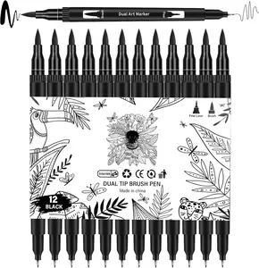 Black Drawing Pens, 12 Pack Felt Tip Markers for Adults and , Dual Tip Brush Fineliners Pens for Art Drawing Sketching