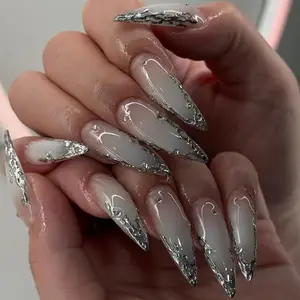 24-Piece Long Almond Shape False Nails Set, Glossy Finish with Silver Color Foil Design, Elegant Nail Art Accessory for Women