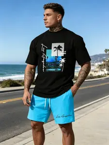 Men's Summer Outdoor Digital Print Tropical Landscape Pattern Two-Piece Set, Round Neck Short Sleeve Tee & Drawstring Pocket Shorts