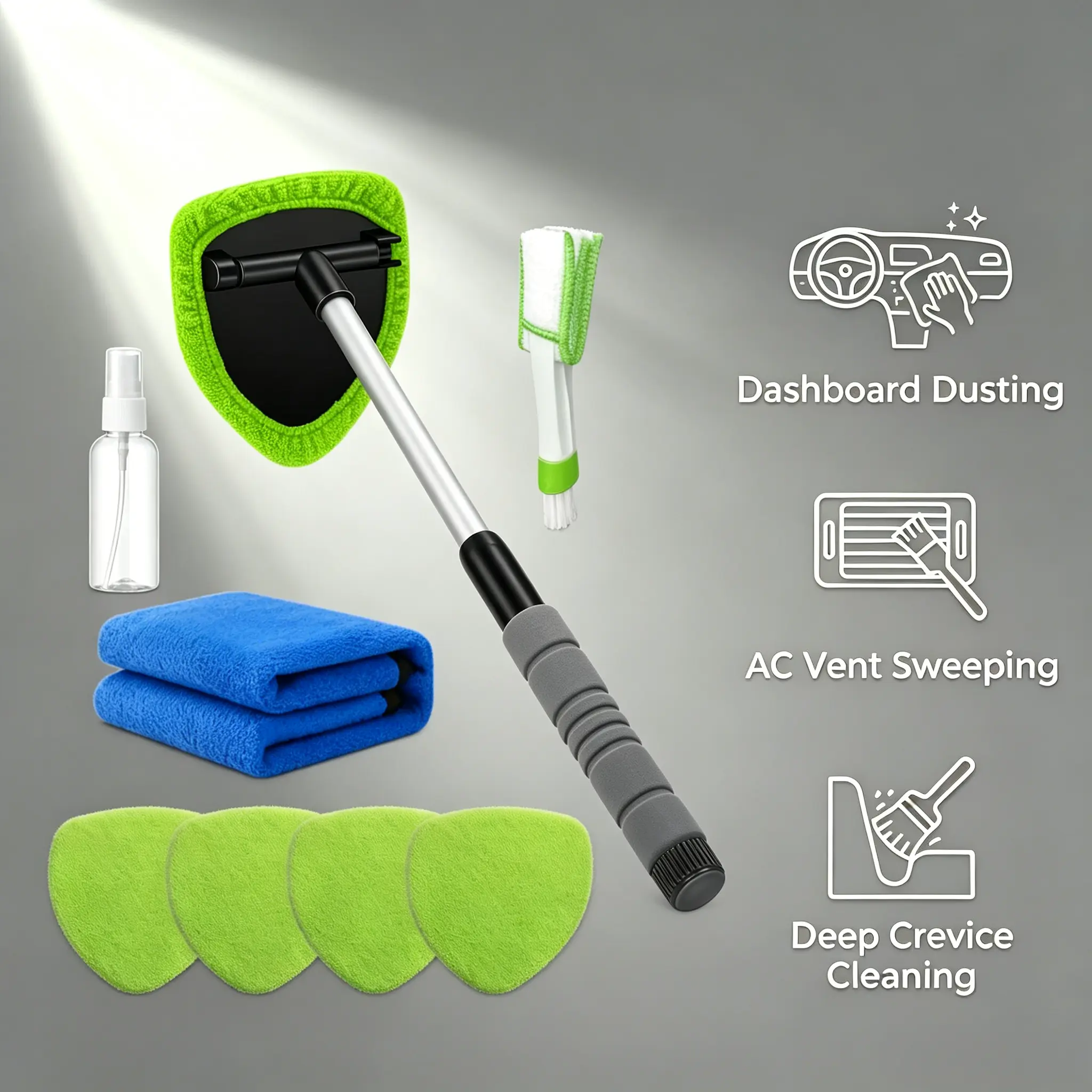 8Pcs Extendable Car Windshield Cleaner Kit – 180° Swivel Auto Glass Cleaning Tool with Microfiber Pads & Vent Brush, Streak-Free for Car Detailing, SUV RV Home Windows