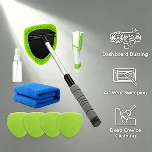 8Pcs Extendable Car Windshield Cleaner Kit – 180° Swivel Auto Glass Cleaning Tool with Microfiber Pads & Vent Brush, Streak-Free for Car Detailing, SUV RV Home Windows