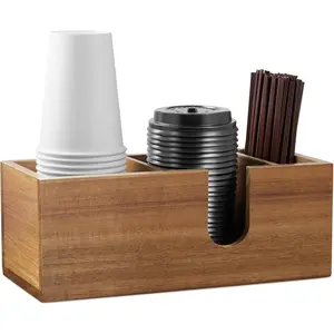 Acacia Wood Coffee Cup Holder for Countertop - Wood Coffee Bar Accessories & Organizer, Coffee Station Organizer for Cup Lid Stirrers Coffee Pod