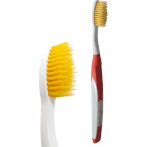 DUJINENT Dolphin Gold Infused Extra Soft Toothbrush for Adult Ultra Fine Tapered Bristles Slim Long Flossing Toothbrushes for Plaque Removal and Sensitive Gums (Red, Gold)
