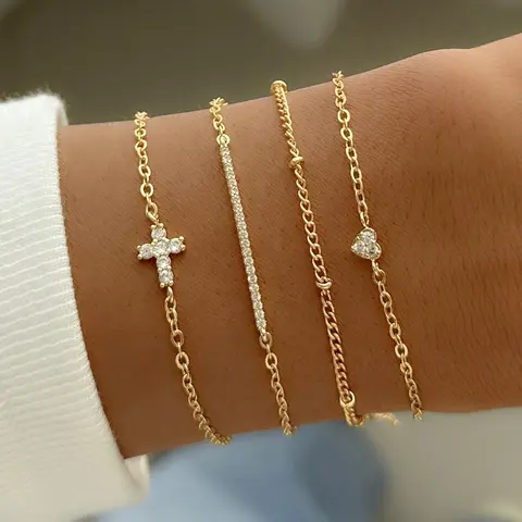 Women's Multilayer Bracelet Set with Cubic Zirconia Cross & Heart Charms, Trendy Layered Design for Everyday Elegance, Stackable Bracelets, Stacking Bracelet, Stacked Bracelets, Aesthetic Jewelry Gift