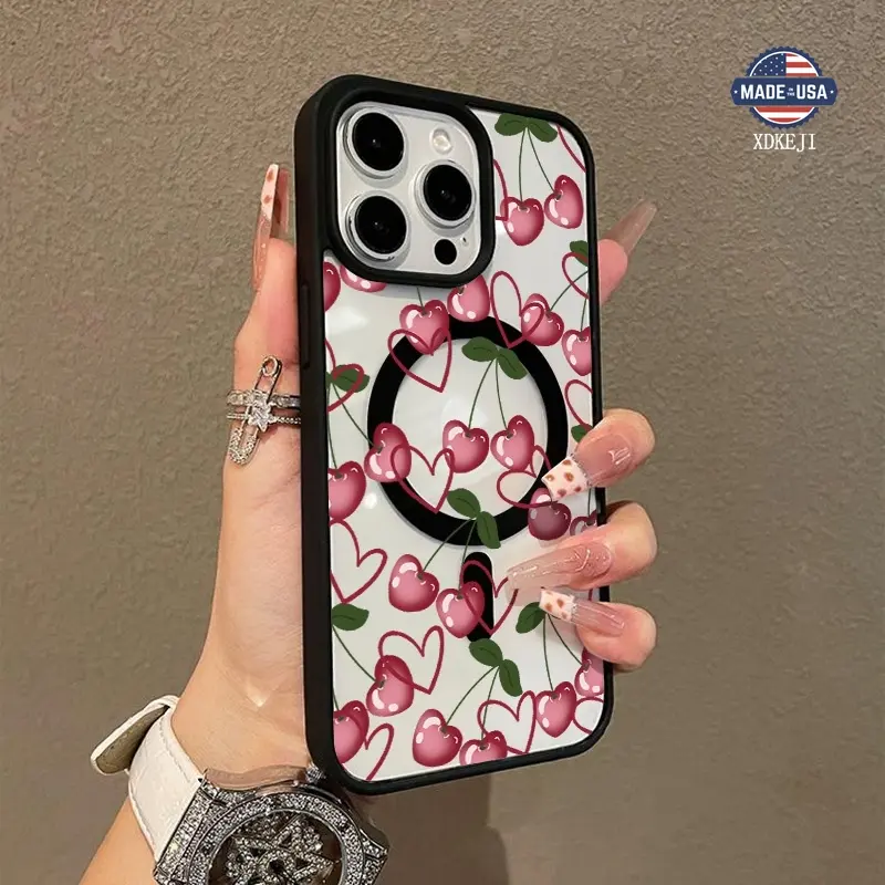Cherry Pattern Premium Magnetic Phone Cases for iPhone 16 15 14 Pro Max 13 12 11 Plus Smartphone Shockproof Protection Acrylic Cover Cellphone Protective magsafe magnetic case Aesthetic Resistance Casing Protector