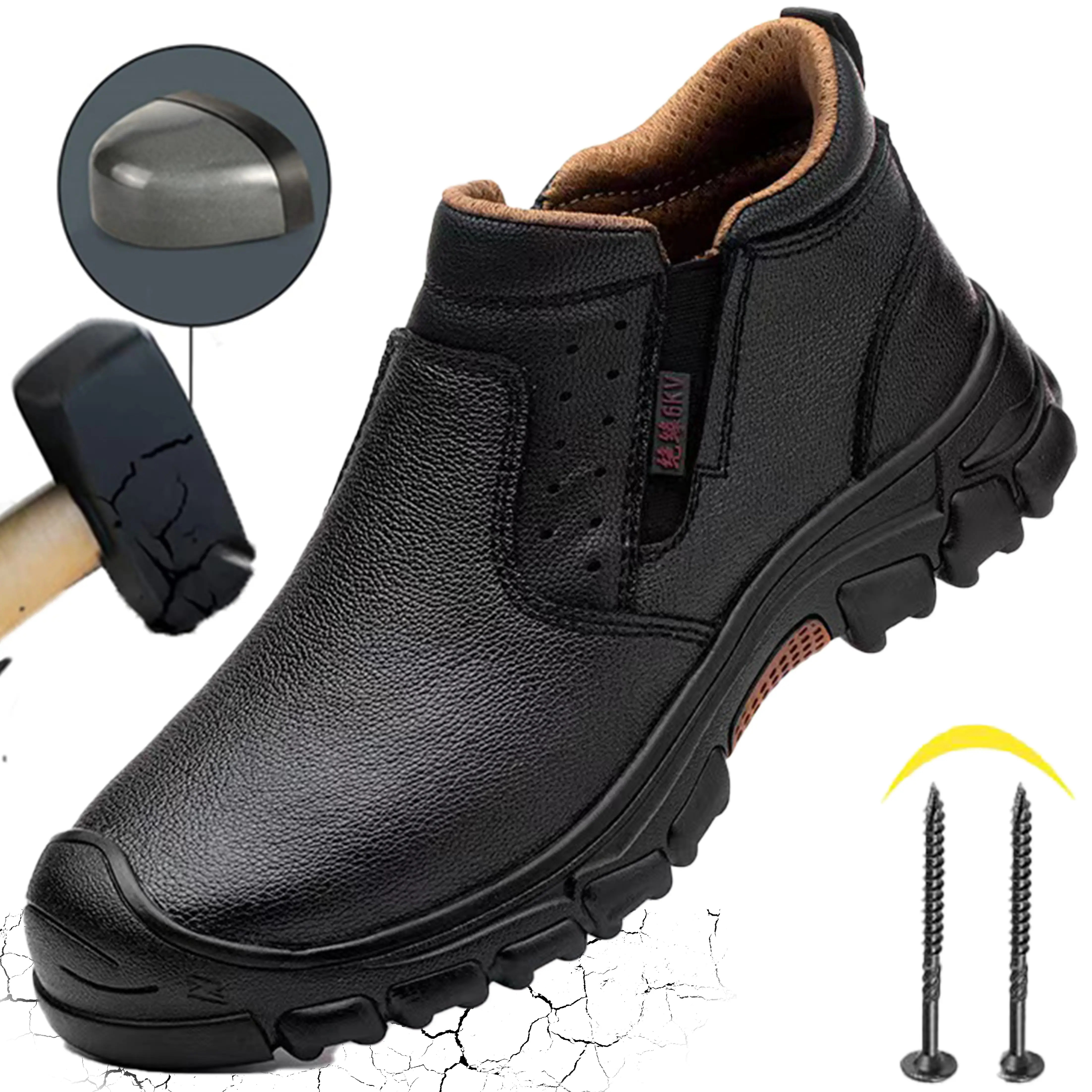 Men's Minimalist Mesh Upper Steel Toe Work Boots - Slip-On, Lightweight, Puncture-Proof, Wear-Resistant, Water-Resistant, Rubber Treaded Sole Industry Safety Shoes for Construction, All-Season Outdoor European Standard Footwear