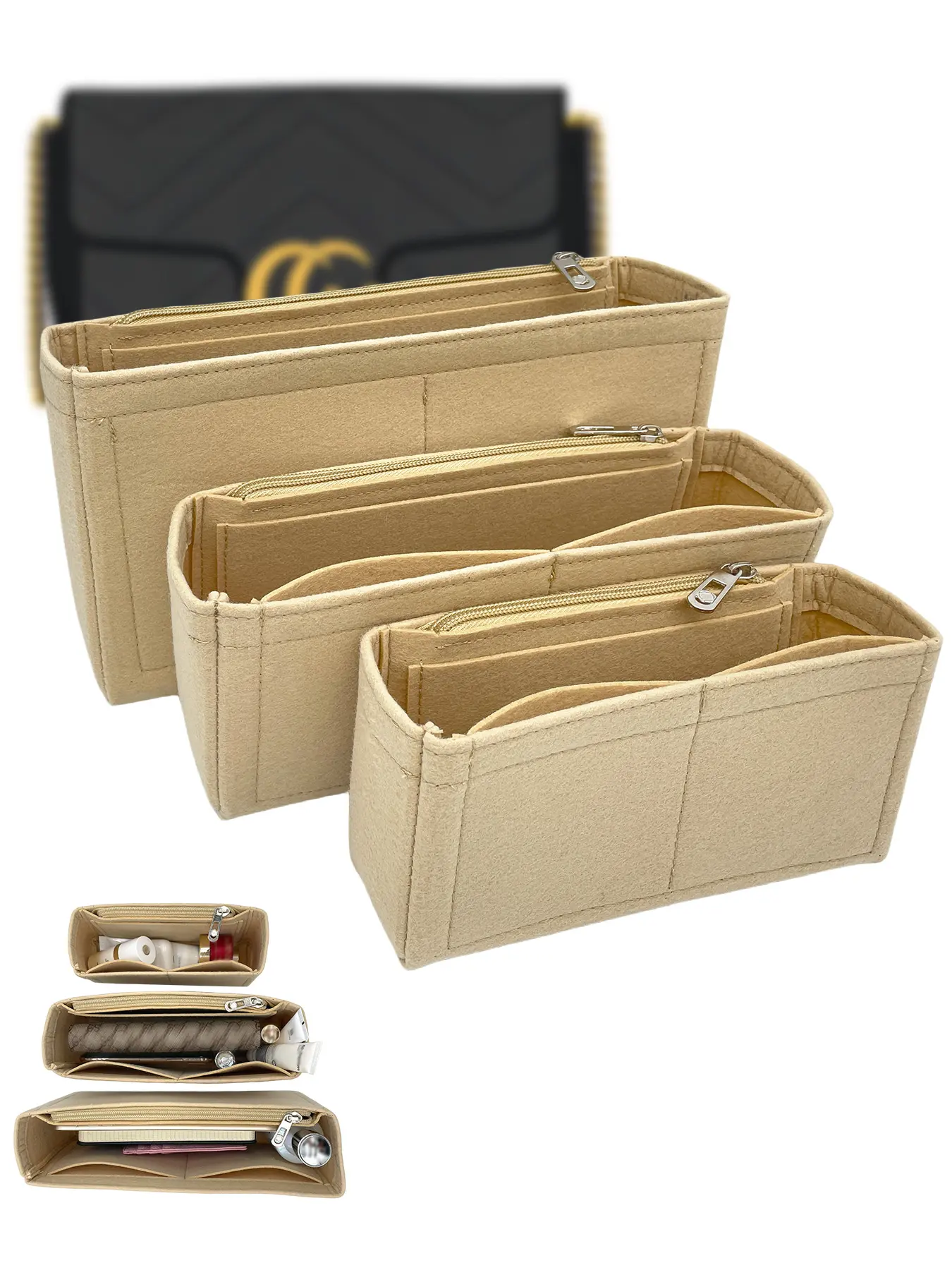 Felt Purse Organizer Insert, Fits GG Marmont Matelasse Shoulder Bag, Multi-Pocket Zippered Bag Liner, Handbag Tote Organizer Liner Pouch, Accessory Pouch for Women Bag, Organization Pouch, Purse Organizer Pouches, Bag Accessories, 3 Sizes (Mini/Small)