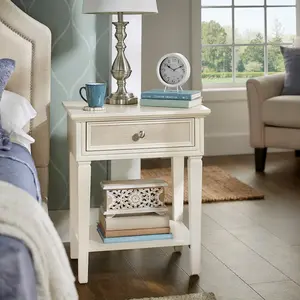 1-Drawer Nightstand with White Finish, Beige Linen Drawer Face, MDF and Poplar Construction