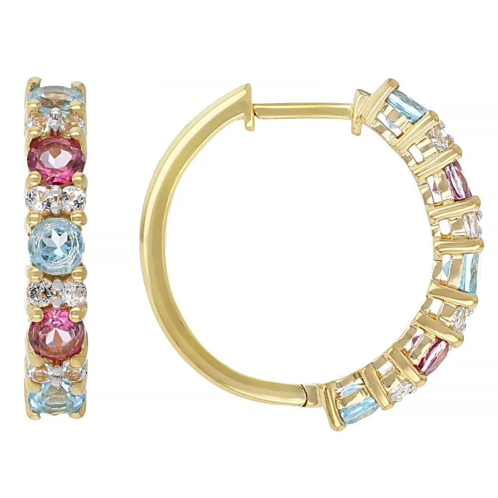 JTV Swiss Blue Topaz With Pink and White Topaz 18k Yellow Gold Over Sterling Silver Earrings 3.05ctw