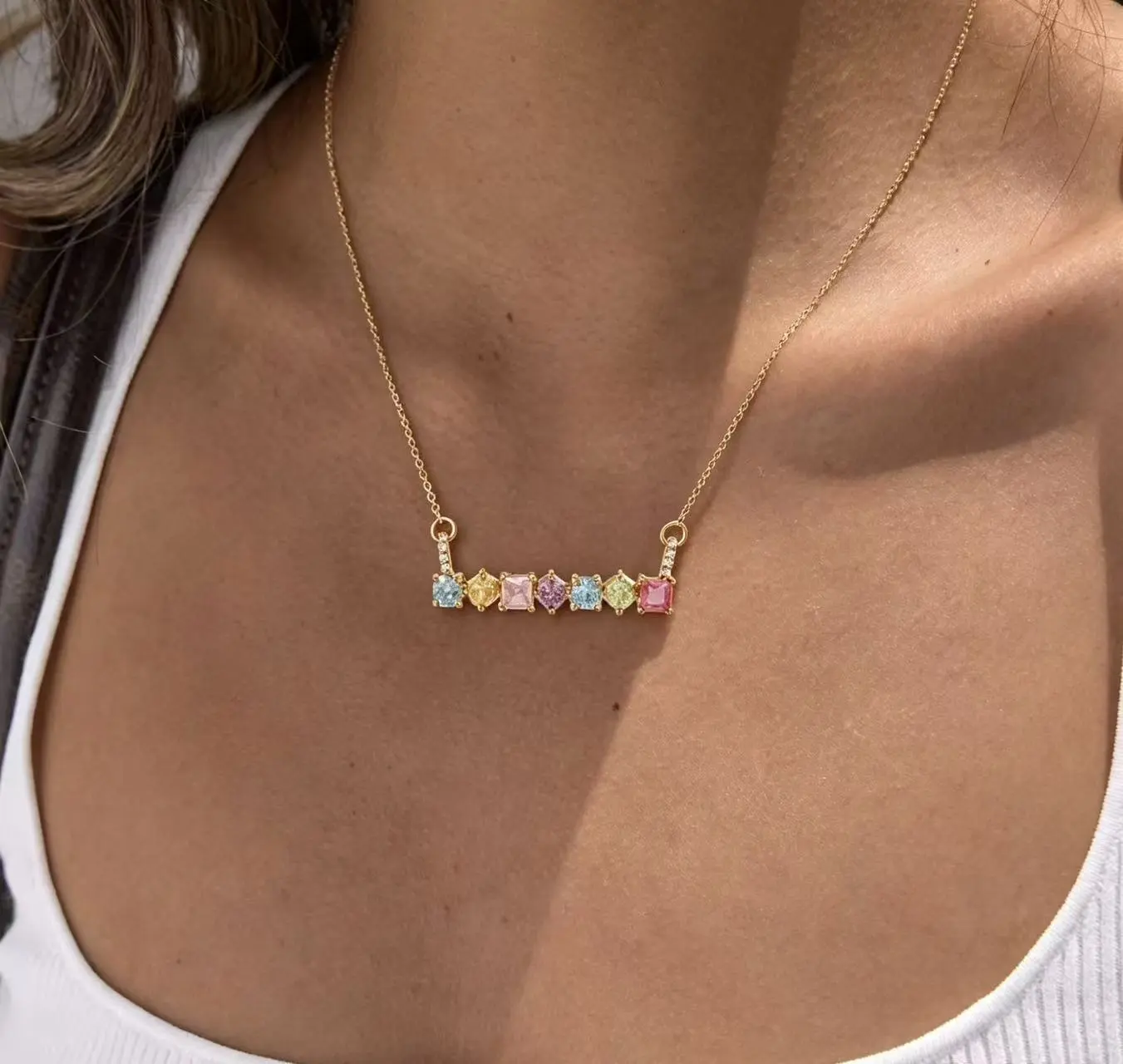 Emma's Heart Multicolor Mixed‑Cut Bar Necklace 316L Titanium Steel