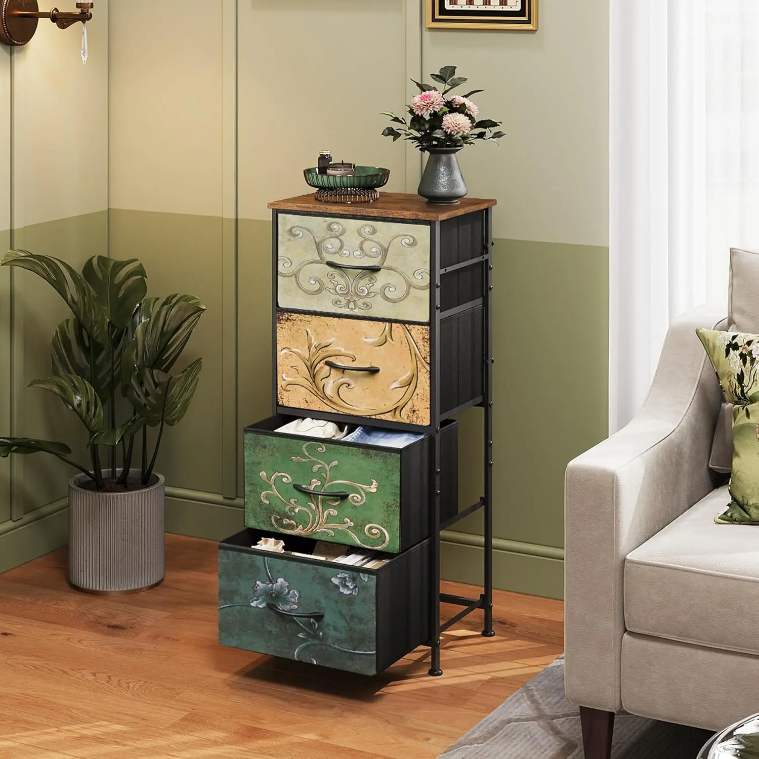 Slim Profile 4-Drawer Storage Organizer, Fabric Bins with Steel Frame, Floral Design Tower for Hallway, Living Room Entryway Closet, Four Drawers