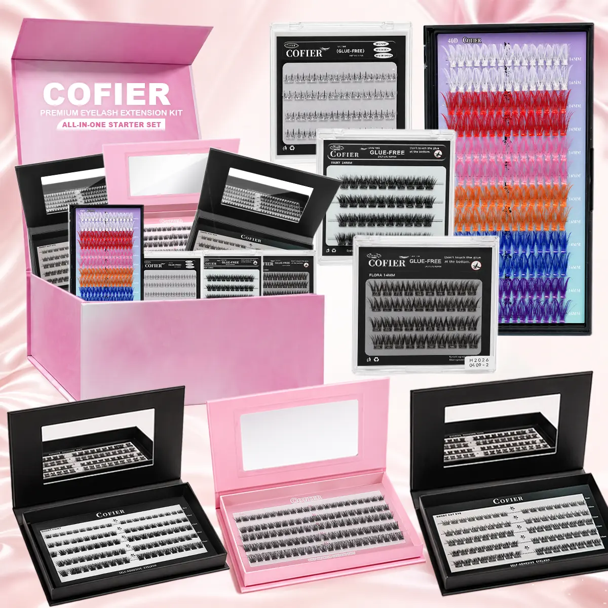 [7 in 1 BOX] Cofier Self Adhesive False Eyelashes Gift Set, 7 Pack No Glue Needed Mixed Style Lashes, Cat Eye Flora Nova Fluffy Colorful Lower Lashes, Reusable Soft Fake Eyelashes for Daily Makeup & Party