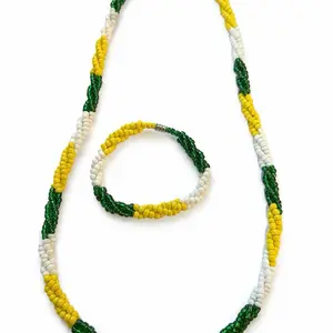 (2 pieces set) Unisex San Judas Tadeo Necklace and bracelet Torsal style 3 threads of Glass beads (green, yellow, white)