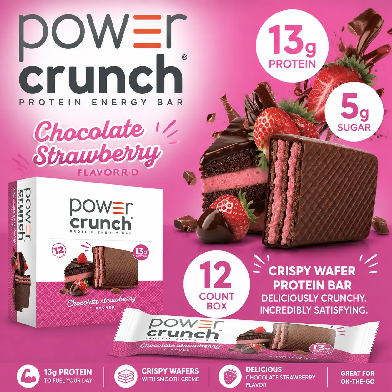 Power Crunch Protein Wafer Bars Chocolate Strawberry 1.4 oz 12 Count  Crispy Protein Wafer Snack Bars | High Protein Treats for On-the-Go