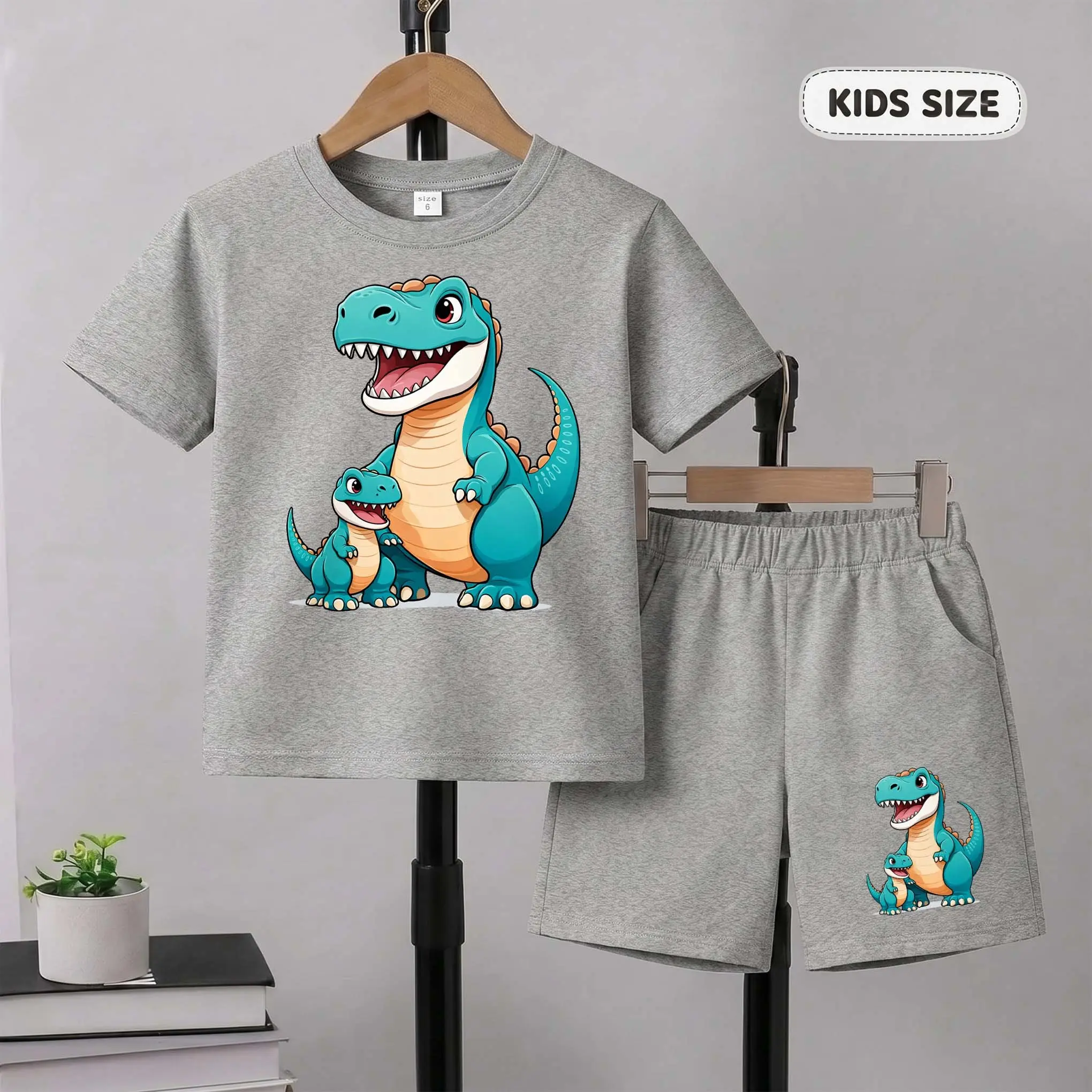 Boys' Dinosaur Cartoon Print Short-Sleeve T-Shirt & Shorts Set - Casual Summer Child-Sized Adorable Kids' Round-Neck Outfit for Everyday Wear, Outdoor Play, Adorable Boys' Sets, Child-Sized Boys' Sets