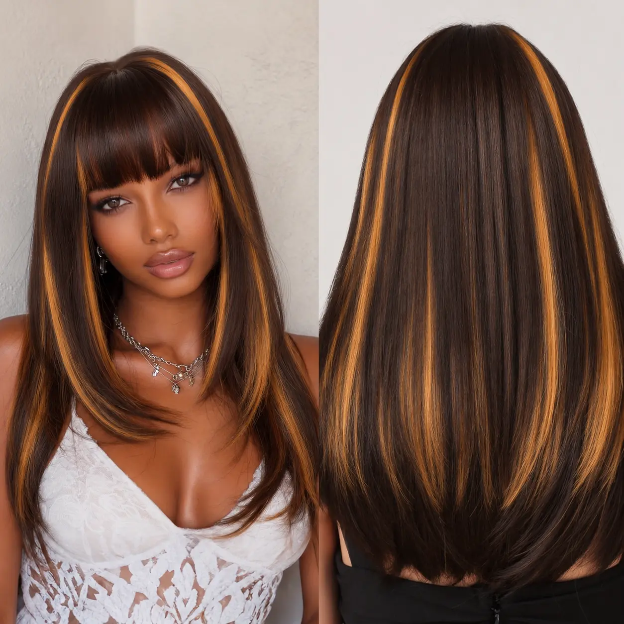 FESHFEN Female Glueless Bangs Wig - 26in Layered Long Straight Synthetic Fiber Wig, Heat-Resistant, SohoChic Fall Hair, Natural Look, Glueless Cap, Suitable for Everyday Wear, Cosplay, Synthetic Fiber Wigs