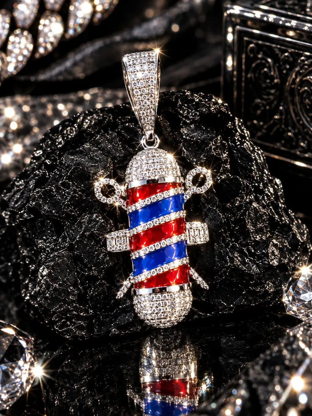 5519 Red Blue Enamel Barber Shop Pole Pendant Iced Out Hip Hop Jewelry
