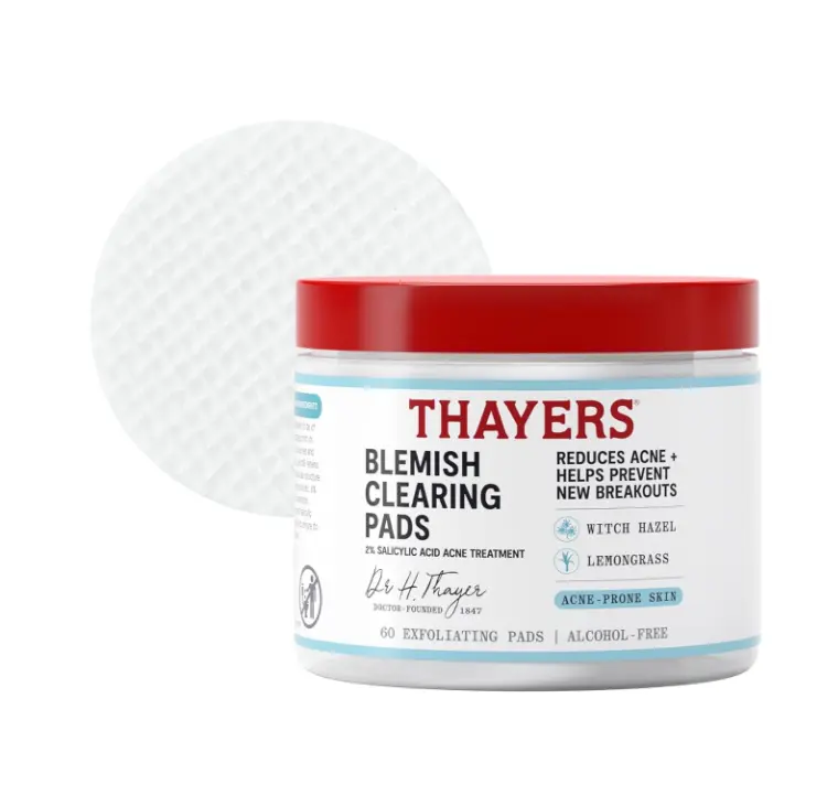 Thayers Blemish Clearing, Salicylic Acid Acne Treatment for Face, Pore Reducing, Exfoliating, and Soothing Skincare, Witch Hazel Toner Pads, 60 Ct