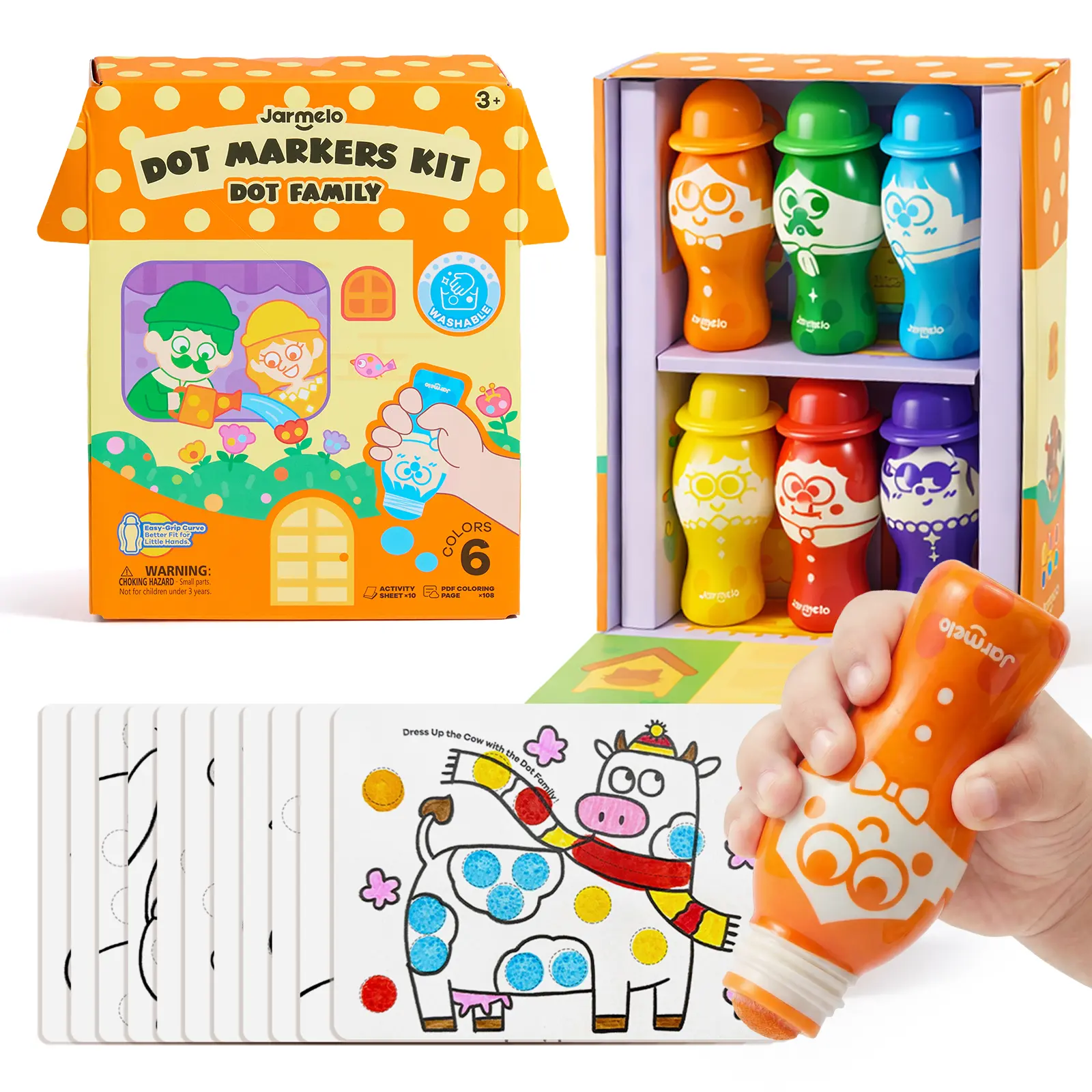 Jar Melo Dot Family Dot Markers for Toddlers, 6 Washable Bingo Daubers with 10 Activity Sheets & 120+ PDF Coloring Pages, Non-Toxic Kids Art Supplies for Preschool Learning, Gift for Ages 3+
