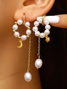 Asymmetrical Star Moon Pearl Earrings, Long Fringe Ear Jewelry, Beach Vacation Chic Accessories, Trendy Fashion Statement Pieces
