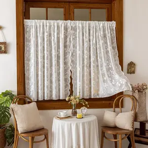 1 Piece French Cut Pile Jacquard Short Curtain, Window Sheers, Rustic Floral Gauze Curtain, Small Bedroom Bay Window Curtain, Milky White, Retro Relief Embroidery, Semi-Transparent Soft Light, No-Drill Small Short Curtain