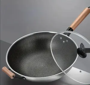 "1set 13.39inch Honeycomb Non-stick Pot With Wooden Handle, Glass Lid, Medium Chicken Wing Wooden Spatula, Sponge, Cookware "