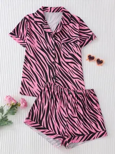 Two-Piece Zebra Pattern Sleepwear Set for Women, Loose-Fit Open Front Short Sleeve Blouse, Casual All-Season Outer Wear