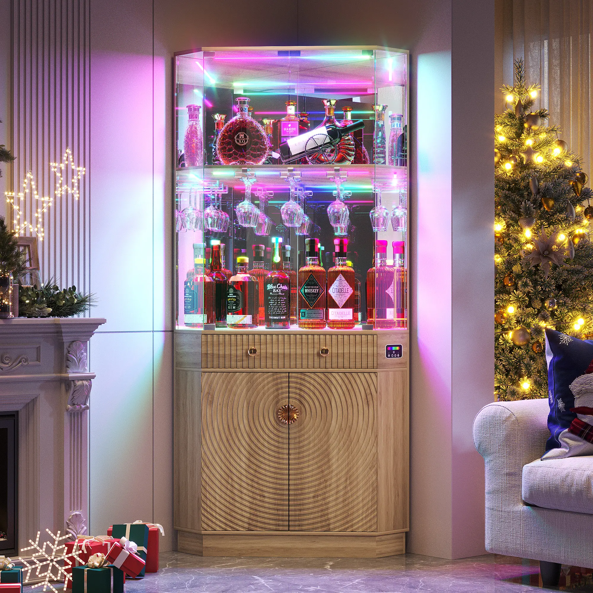 Vlsrka 71" Tall Adjustable Corner Home Bar Unit - Durable Modern Storage Cabinet, App Control, Motion Sensor Built-In LED Light Strips, Mirror Back, Sliding Glass Door, Textured Storage, Assembly Required, Man Cave Compact Indoor Furniture