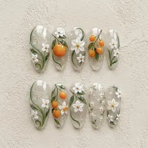 Orange Blossom Press On Nails, 3D Citrus Floral Nails, Summer Fruit Nails, Botanical Elegant Almond Nails, Vintage Garden Nails Set