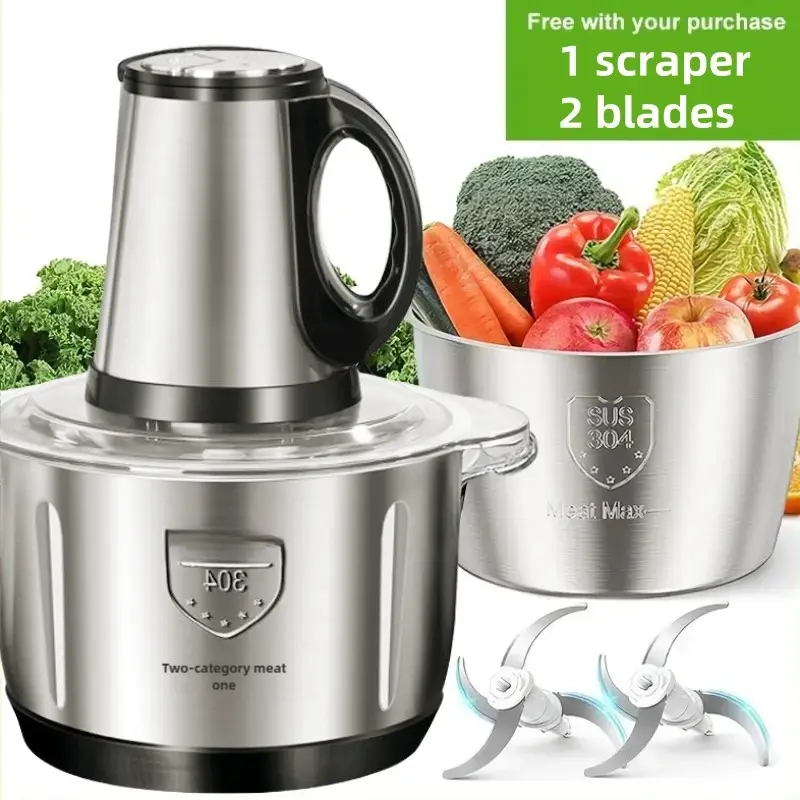 Stainless Steel 350W Electric Meat Grinder & Food Processor with 3 Speeds, 101.44oz Capacity, Double Blade Design for Chopping, Mincing, and Slicing,