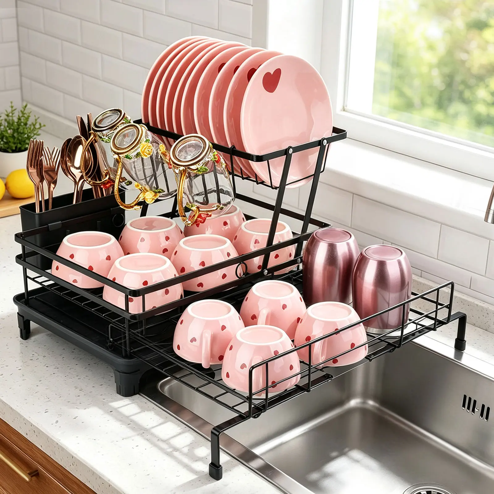 TidyArc Expandable dish drying rack, Pull-Out 2-Tier Dish Drainer with Utensil Holder, Cutlery Holder, Foldable Over Sink Dish Drying Rack,  Home and Appartment Decor