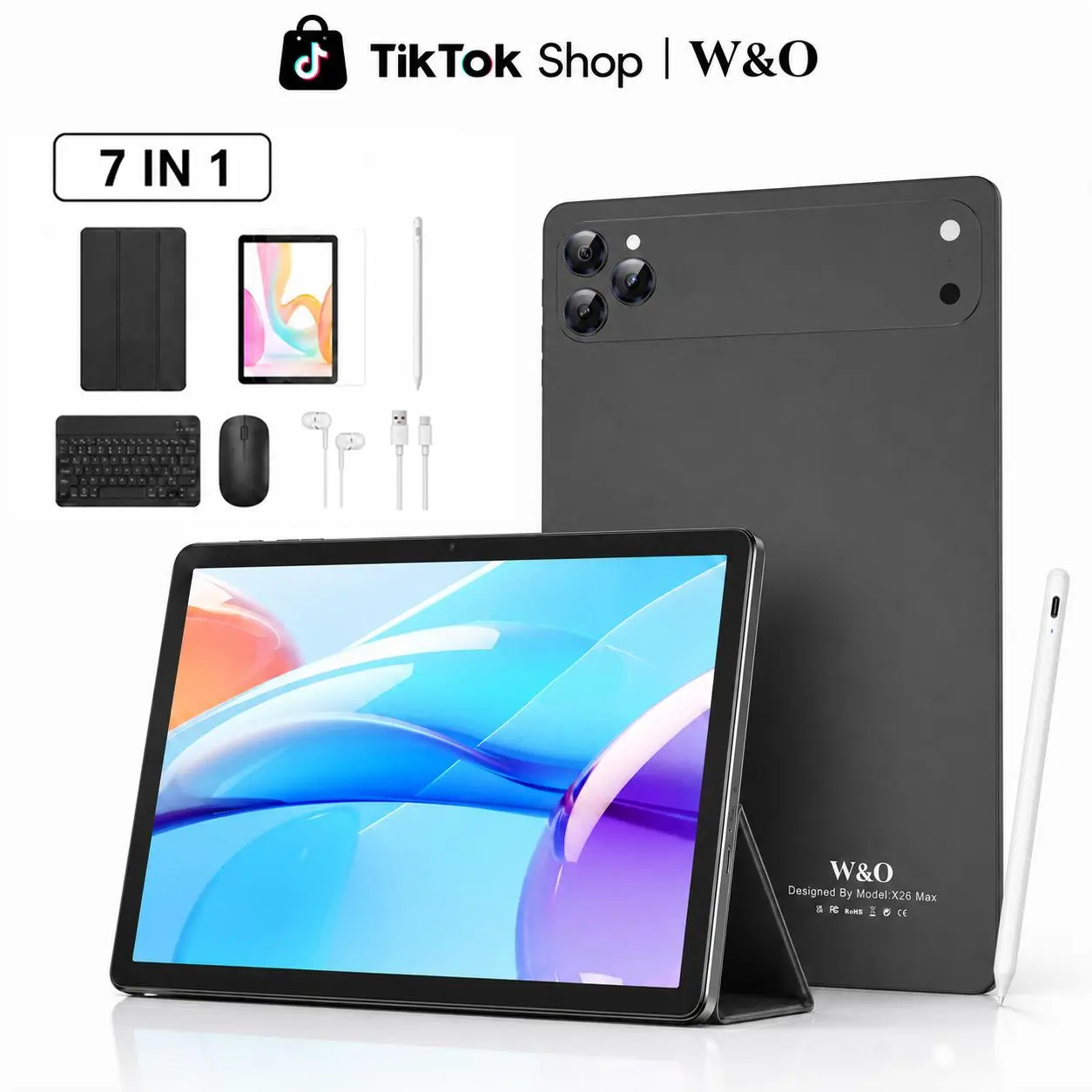 W&O New Android 15 Tablet, 11-Inch Large HD Screen, 12GB RAM+256GB Expandable Storage, 10000mAh Long-Lasting Battery, 5G WiFi, Dual Camera, Tablet Bundle with Keyboard, Mouse, Stylus&Case, Portable Device for Work, Back to School, Valentine’s Day Gift
