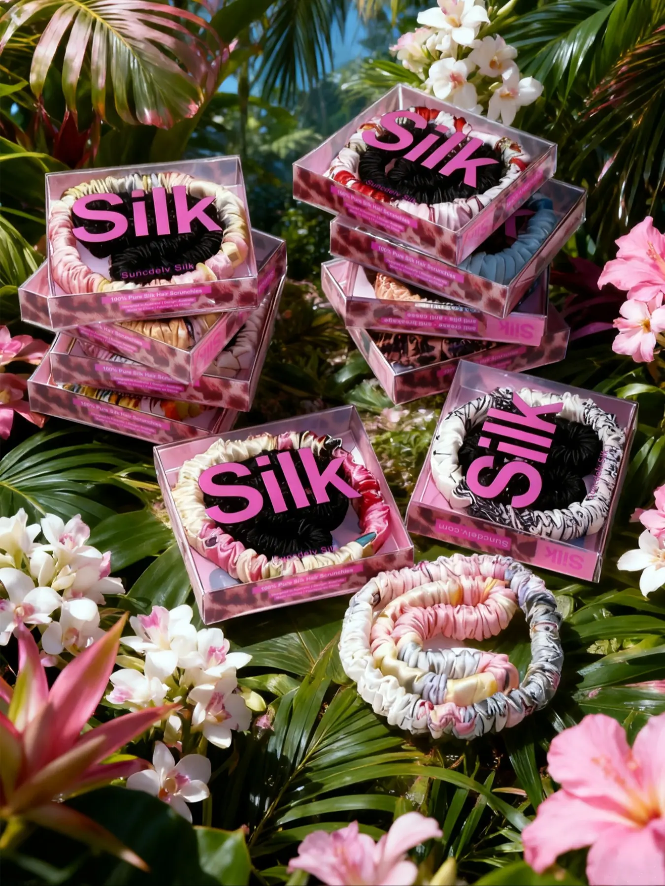 100% Silk Violet Floral Pattern Scrunchies, High Quality Hair Ties for Women & Girls, Soft Elastic Hair Bands, Elegant Hair Accessories, Daily Wear, Floral Print