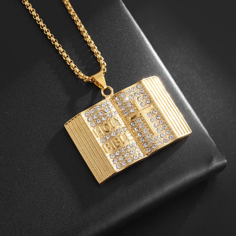 Vintage Titanium Steel Gold-Plated Bible Pendant Necklace & Surgical Stud Earrings Set - 28g, 51cm-60cm Alloy, Round Cubic Zirconia, Flower Inlaid, Tassel Threader, Rook, Blush Pink White, Daily Commute Gift