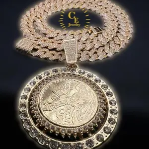 Wheel chain 14k gold-plated necklace with rotating coins and pointed CZ stones