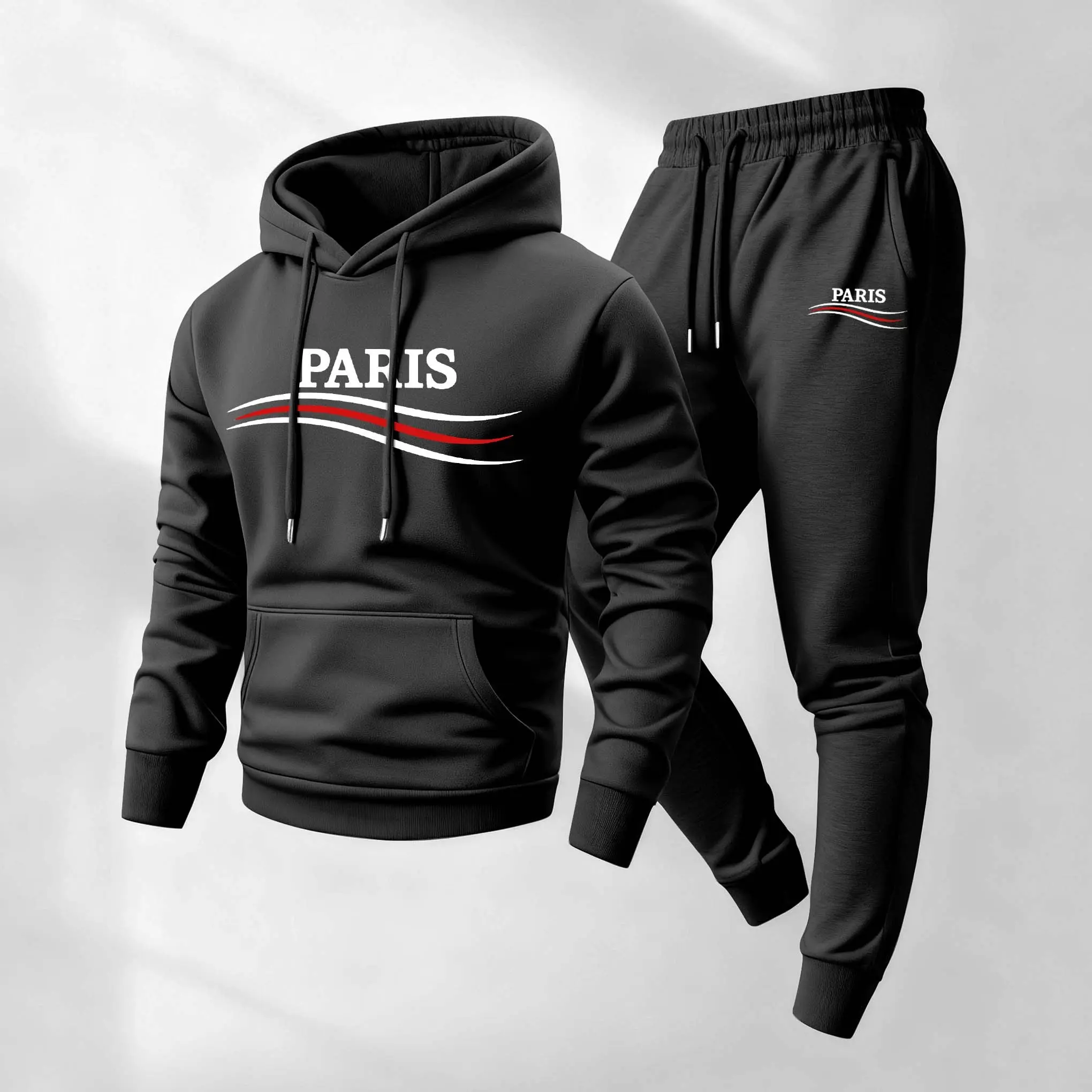 Men's 2-Piece Paris Print Athleisure Street Fit Sweatsuit Set - Sporty, Comfy, Breathable Hoodie & Drawstring Sweatpants, Long Sleeve Hooded Tracksuit for Fall, Winter Daily Wear, Men's Sweatsuit Sets, Men's Sweatsuit Set