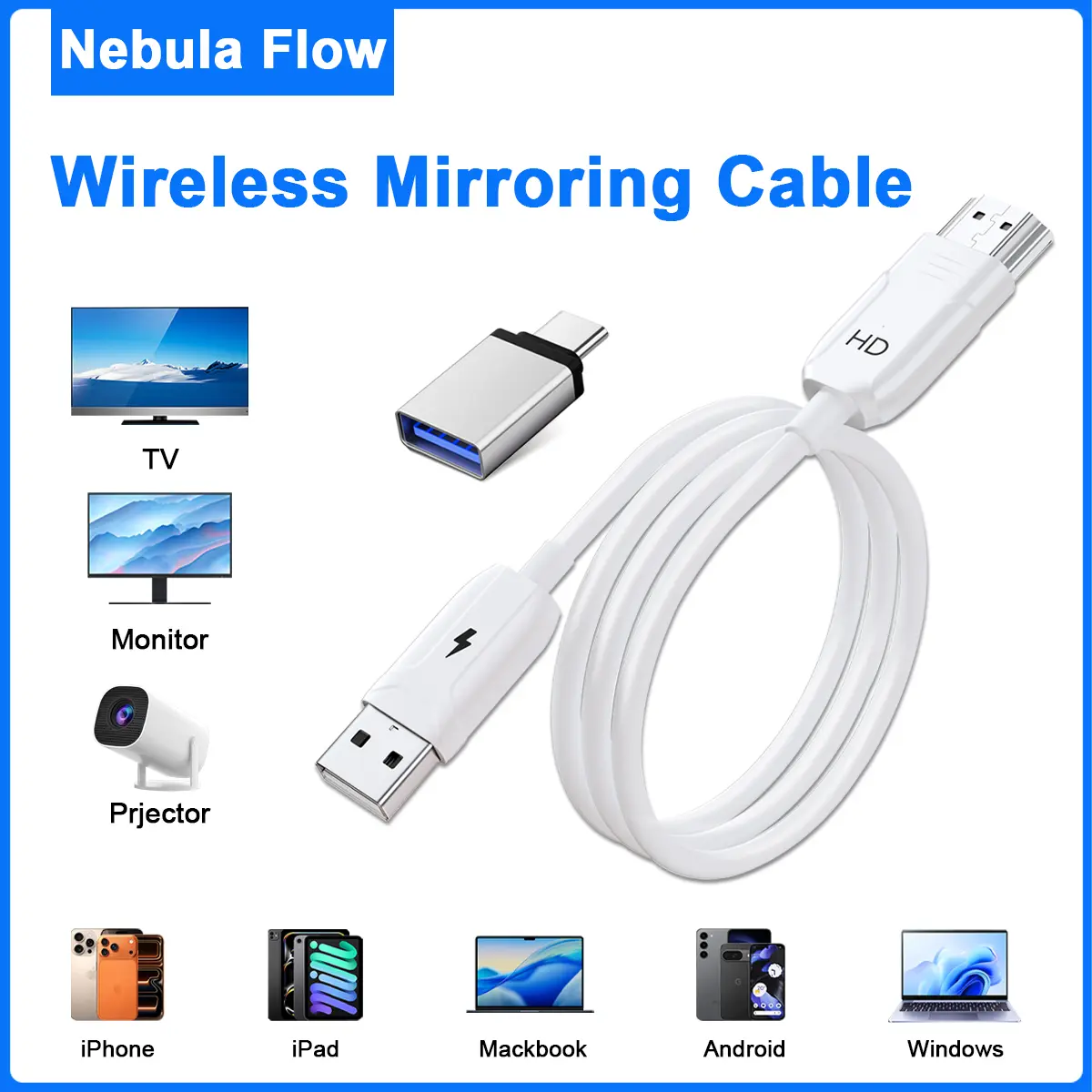 1080P Wireless Screen Mirroring Cable – Plug & Play No WiFi and App Needed, AirPlay & Miracast Compatible for iPhone/Android/Mac/Windows to Projector/TV #US Warehouse