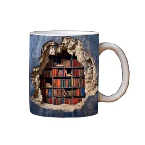Ceramic Mug 3D Bookshelf Design Creative Multi-Purpose Home Decor Ornament Unique Pattern for Everyday Use and Aesthetic Appeal