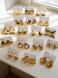 18K Gold Plated Stainless Steel Earrings Multipack, Geometric Triangle Heart Drop Earrings, Lightweight Hypoallergenic Fashion Jewelry for Sensitive Ears