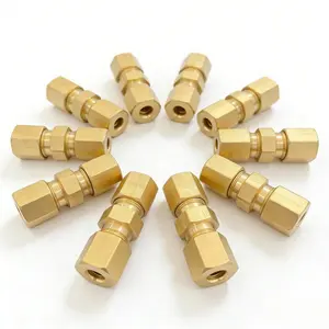 10 Piece Set 3/16 Inch Brass Compression Straight Coupler, Ideal for Plumbing, Hvac, Pneumatic, Hydraulic Pipe Connections