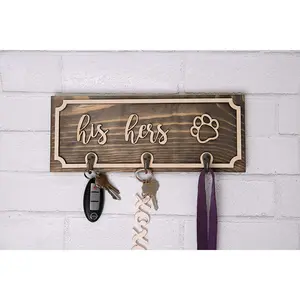 Handmade Wood Leash and Key Holder - Client Custom Personalized His and Hers, Pawprint