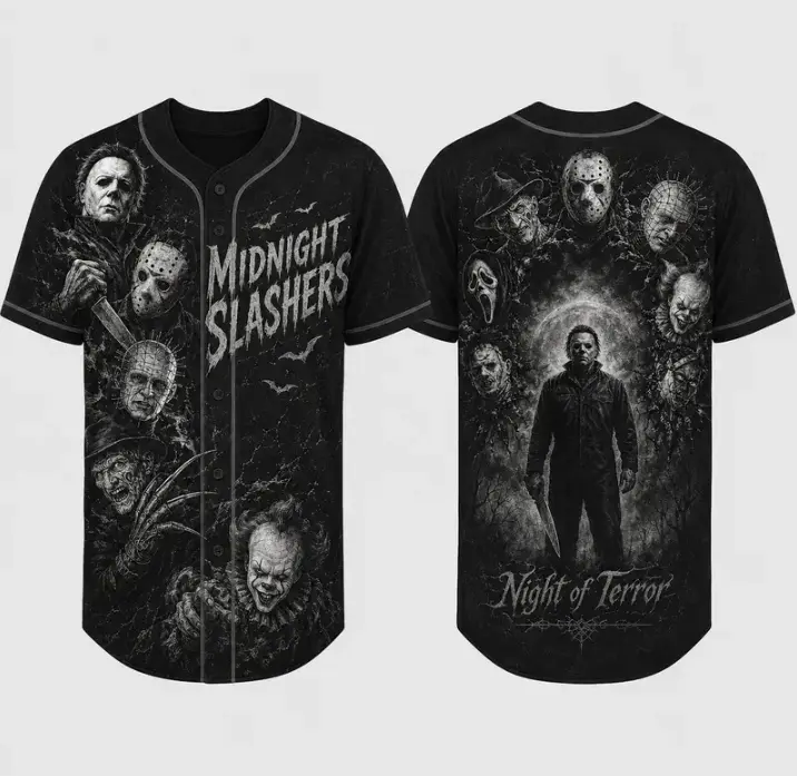 Midnight Slashers Full-Button Baseball Jersey, Retro Black & White Horror Graphic Button Shirt, Halloween Baseball Jersey