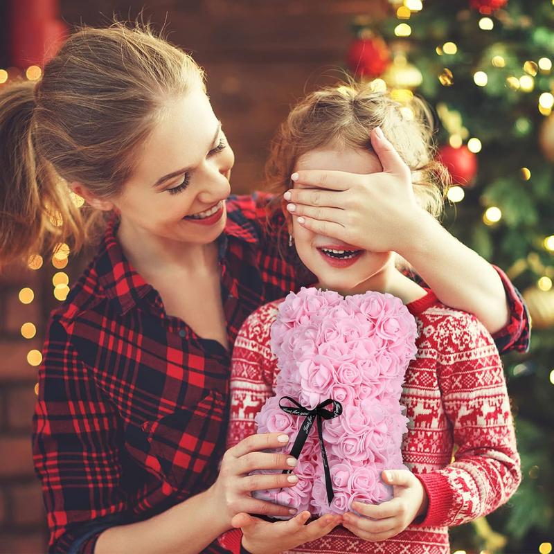 Rose Bear Christmas Flower Gifts for Her, Rose Teddy Bear with Lights, Cute Teddy Flower Bear, Birthday Gifts for Girl, Cute Romantic Gifts for Wife Girlfriend with Transparent Gift Box and Love Card