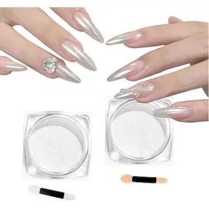 2Pcs Pearl Chrome Nail Powder,Ice Transparent Aurora Nail Powder,White Chrome Nail Powder Chameleon Powder for Nails Iridescent Pigment Pearlescent High Gloss Glitter (2pc White)