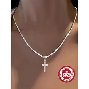 925 Sterling Silver Rhinestone Decor Cross Pendant Necklace for Women & Men, Fashion Jewelry for Party, Daily Decor, Trendy All-match & Exquisite Jewelry for Birthday Gift