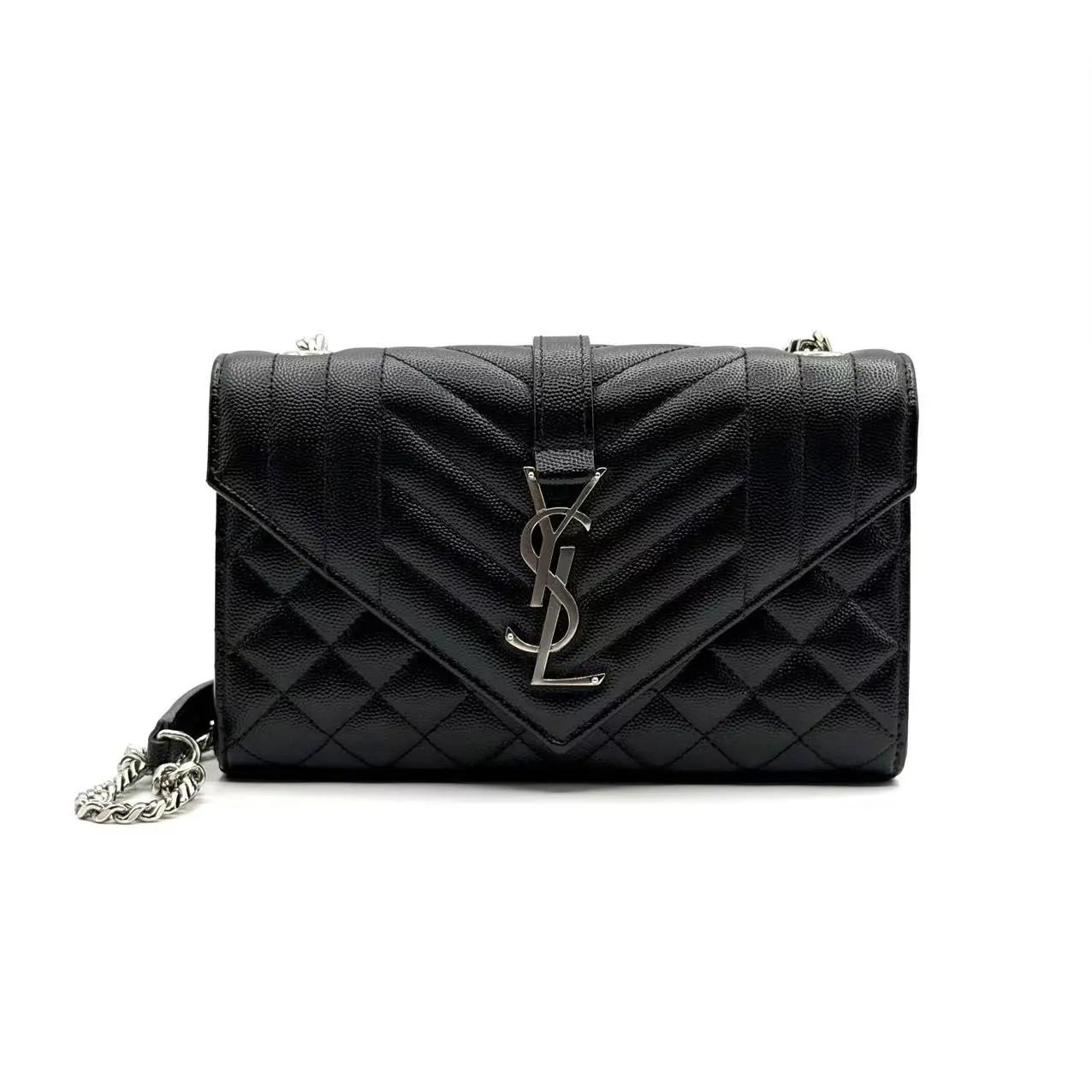 Pre-owned Yves Saint Laurent Leather Shoulder Bags CALUXB Saint Laurent Grain De Poudre Textured Mixed Matelasse Triquilt Medium Monogram Satchel Black