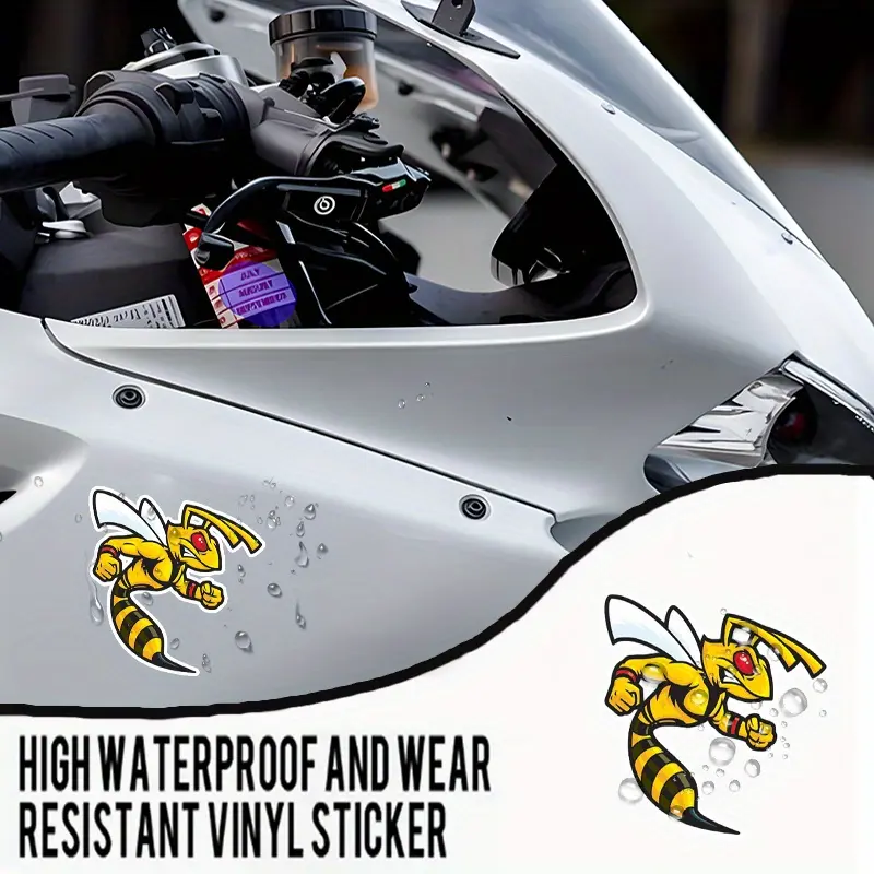 2PCS/SET Energetic Funny Cartoon Battle Bee Logo Decor Sticker For Car Components, Motorcycle Funny Peripheral Items, Daily Objects Cartoon battle bee themed decor Fill with funny energetic vibe for motorcycle enthusiasts Enhance dynamic funny style