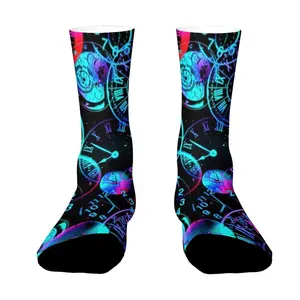 360-degree Direct Print mid-calf socks (Unisex) Vibrant Neon Clocks In Pink And Blue Swirls Create Cosmic TimeThemed Abstract Visual