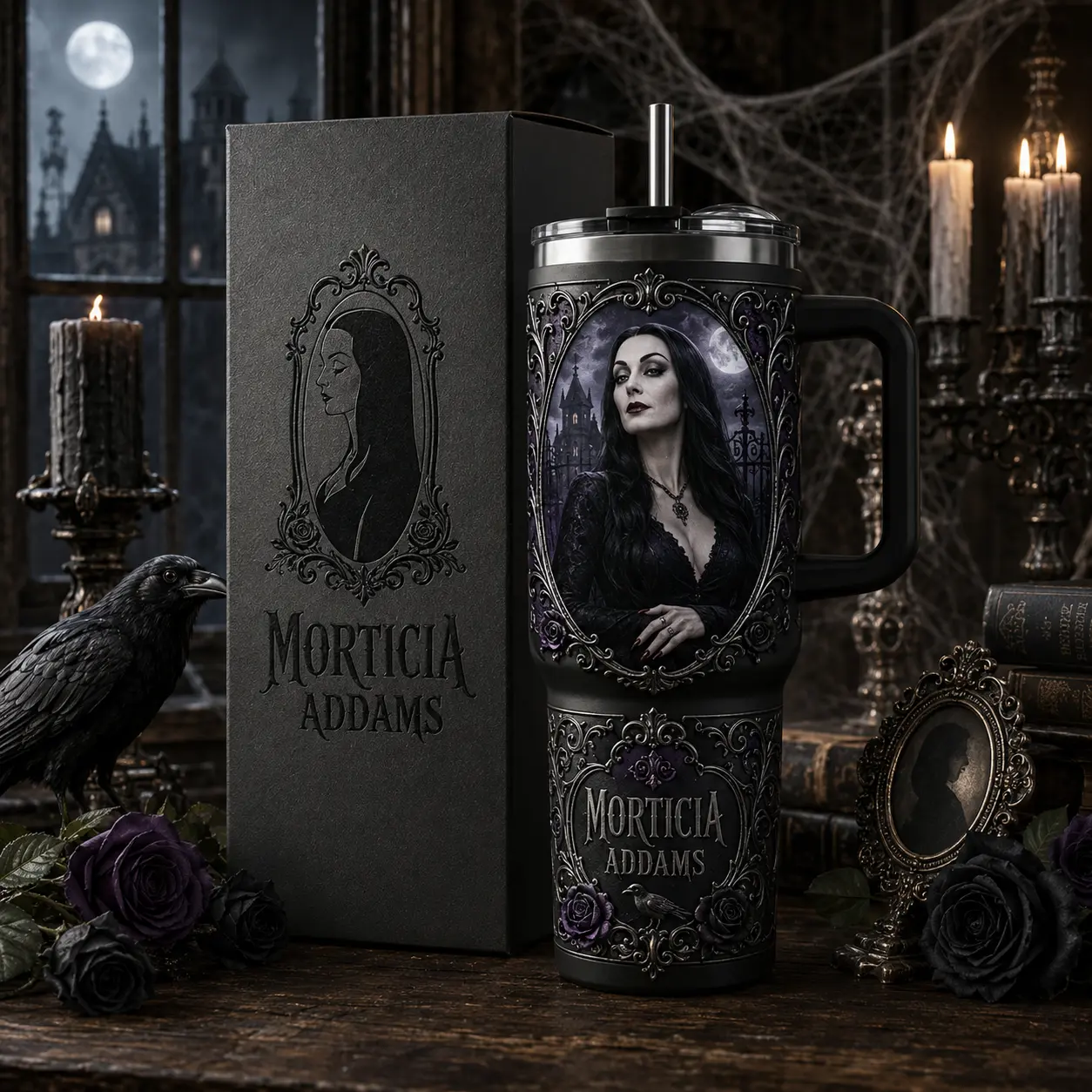 OceanSip4U Morticia Addams 40oz Stainless Steel Tumbler with Handle, Vacuum Insulated Travel Mug, Gothic Halloween Cup, Dark Family Inspired Tumbler, Spooky Gift for Addams Family Fans