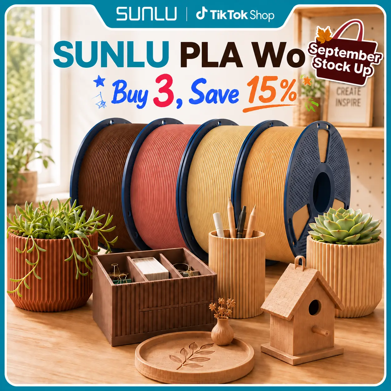 SUNLU Authentic Wood PLA 3D Printer Filament, 3d printer supplies, 1KG Roll, 1.75mm × 330m, Natural Matte Finish, Enhanced Wood Texture, High-Speed Printing Compatible,back to school,back to school haul